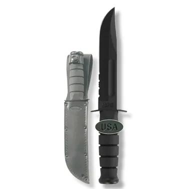 KA-Bar Utility Part Serrated Black Fixed Blade Knife with Black Leather Sheath